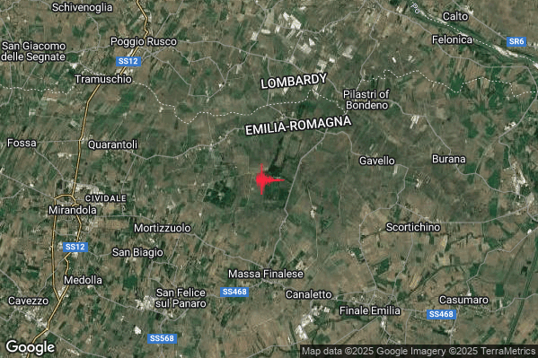 Debole Terremoto M2.6 epicentro 9 km NE San Felice sul Panaro (MO) alle 22:05:45 (21:05:45 UTC)