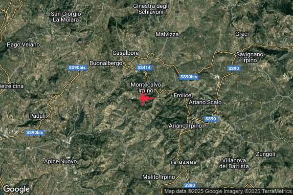 Debole Terremoto M2.6 epicentro 1 km S Montecalvo Irpino (AV) alle 20:15:51 (19:15:51 UTC)