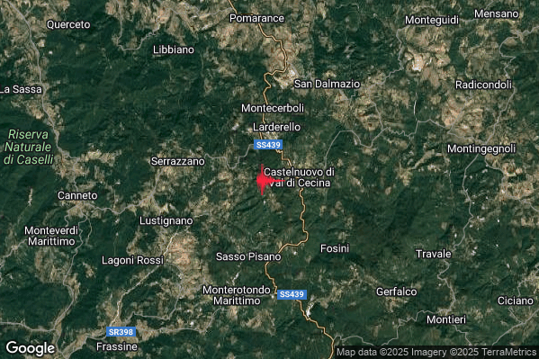 Debole Terremoto M2.6 epicentro 2 km W Castelnuovo di Val di Cecina (PI) alle 07:33:47 (06:33:47 UTC)