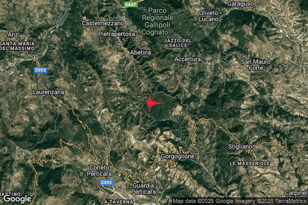 Lieve Terremoto M2.0 epicentro 6 km SW Accettura (MT) alle 12:43:30 (11:43:30 UTC)