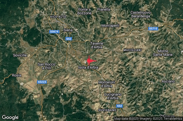 Leggero Terremoto M3.1 epicentro 5 km NW Monteroni d'Arbia (SI) alle 19:11:54 (18:11:54 UTC)
