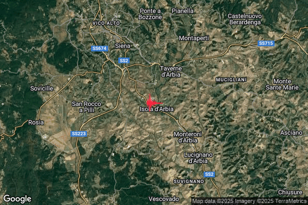 Debole Terremoto M2.5 epicentro 5 km NW Monteroni d'Arbia (SI) alle 19:34:28 (18:34:28 UTC)