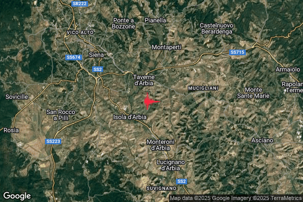 Leggero Terremoto M3.2 epicentro 5 km N Monteroni d'Arbia (SI) alle 20:29:15 (19:29:15 UTC)