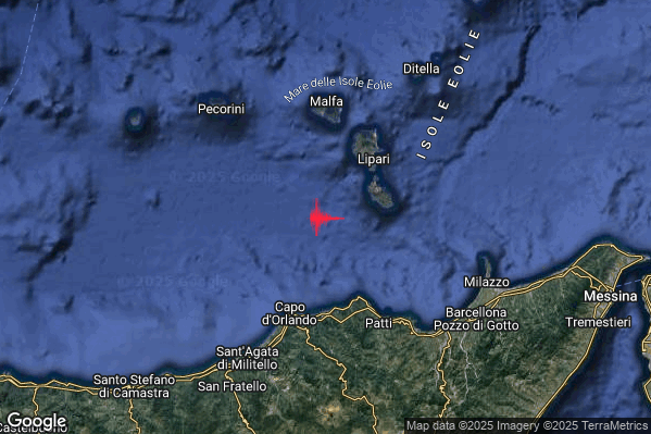 Debole Terremoto M2.6 epicentro Isole Eolie (Messina) alle 19:22:14 (18:22:14 UTC)