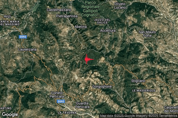 Debole Terremoto M2.6 epicentro 6 km NW Gorgoglione (MT) alle 08:22:03 (07:22:03 UTC)