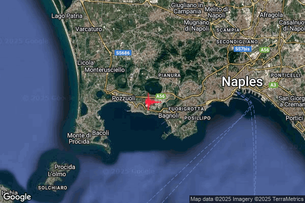 Debole Terremoto M2.6 epicentro Campi Flegrei alle 08:32:17 (07:32:17 UTC)