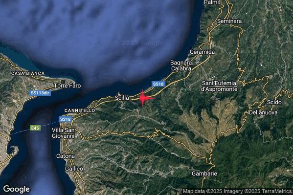 Debole Terremoto M2.4 epicentro 3 km E Scilla (RC) alle 18:03:00 (17:03:00 UTC)