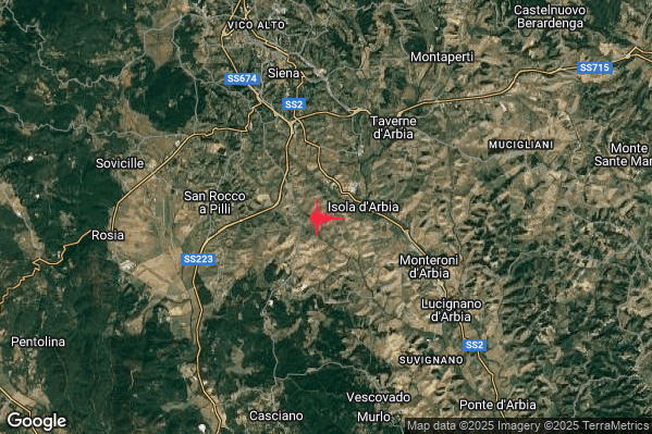 Lieve Terremoto M2.0 epicentro 6 km W Monteroni d'Arbia (SI) alle 18:45:31 (17:45:31 UTC)