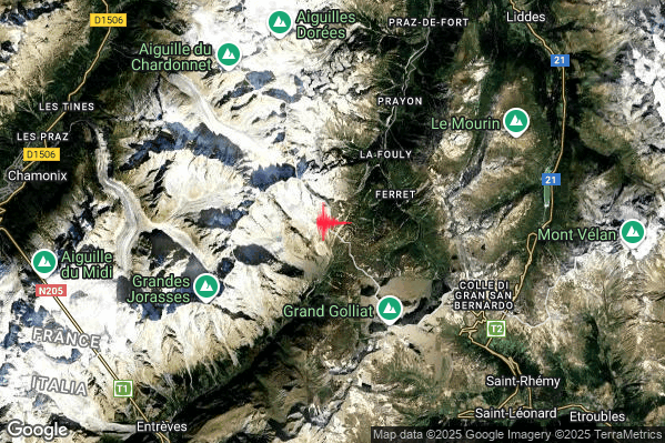 Lieve Terremoto M2.2 epicentro V3 Monte Bianco (ITALIA FRANCIA SVIZZERA) alle 08:53:07 (07:53:07 UTC)