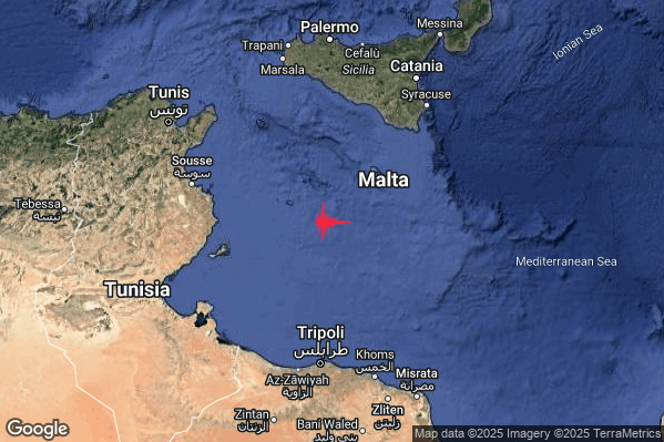 Leggero Terremoto M3.1 epicentro Tunisia [Sea] alle 22:52:34 (21:52:34 UTC)