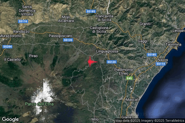 Debole Terremoto M2.5 epicentro 4 km SW Linguaglossa (CT) alle 12:52:39 (11:52:39 UTC)