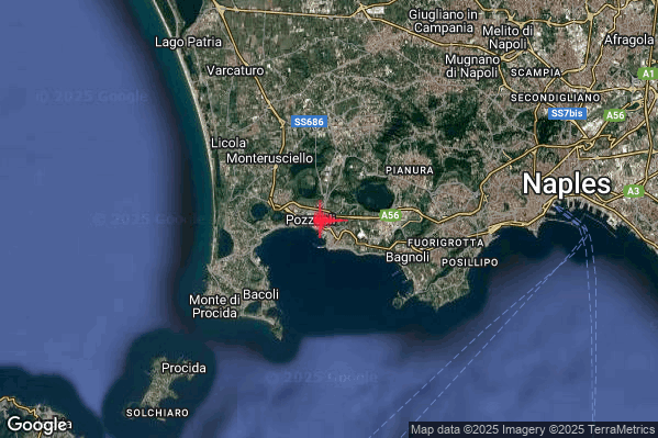 Debole Terremoto M2.3 epicentro Campi Flegrei alle 15:50:25 (14:50:25 UTC)