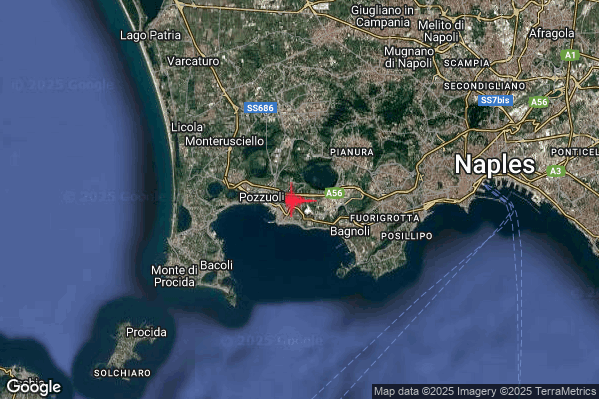 Debole Terremoto M2.4 epicentro Campi Flegrei alle 22:42:57 (21:42:57 UTC)