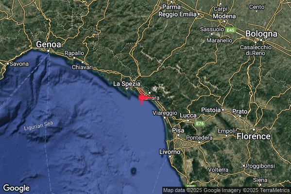 Debole Terremoto M2.3 epicentro Costa Toscana settentrionale (Massa-Carrara Lucca Pisa) alle 05:20:50 (04:20:50 UTC)