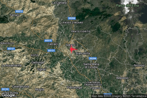 Lieve Terremoto M2.0 epicentro 1 km SE Adrano (CT) alle 22:37:39 (21:37:39 UTC)