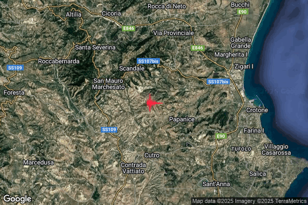Moderato Terremoto M3.7 epicentro 5 km SE Scandale (KR) alle 14:11:09 (13:11:09 UTC)
