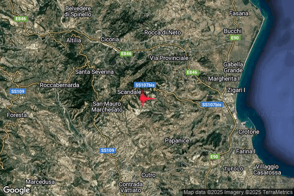 Moderato Terremoto M3.5 epicentro 2 km E Scandale (KR) alle 14:29:44 (13:29:44 UTC)