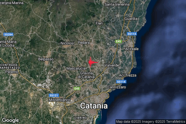 Debole Terremoto M2.5 epicentro 1 km NE Tremestieri Etneo (CT) alle 13:01:20 (12:01:20 UTC)