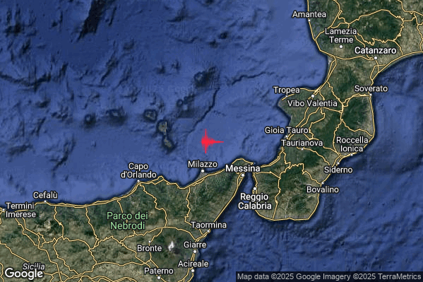 Debole Terremoto M2.5 epicentro Tirreno Meridionale (MARE) alle 23:01:38 (22:01:38 UTC)
