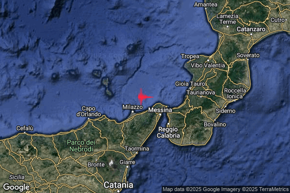 Debole Terremoto M2.6 epicentro Costa Siciliana nord-orientale (Messina) alle 04:12:09 (03:12:09 UTC)