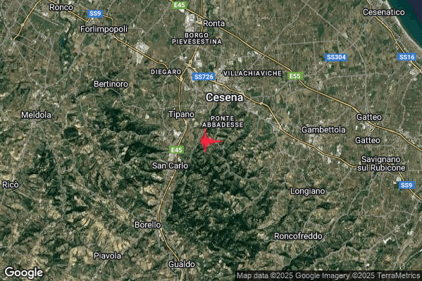 Lieve Terremoto M2.0 epicentro 3 km S Cesena (FC) alle 05:25:13 (04:25:13 UTC)