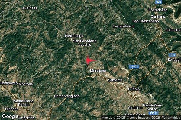 Debole Terremoto M2.7 epicentro 5 km SE Pietralunga (PG) alle 12:43:15 (11:43:15 UTC)