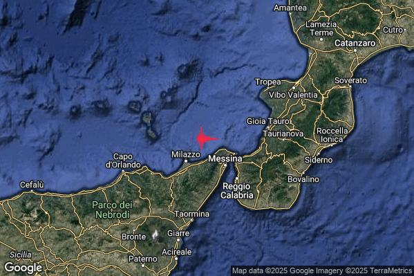 Debole Terremoto M2.4 epicentro Costa Siciliana nord-orientale (Messina) alle 12:59:12 (11:59:12 UTC)