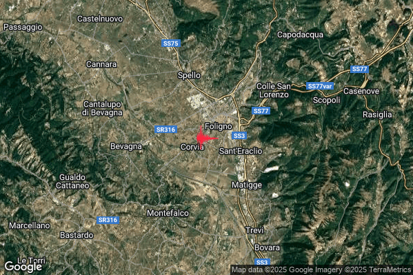 Moderato Terremoto M3.5 epicentro 2 km SW Foligno (PG) alle 01:55:40 (00:55:40 UTC)