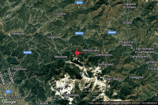 Debole Terremoto M2.6 epicentro 3 km W Minucciano (LU) alle 16:00:12 (15:00:12 UTC)