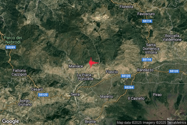 Lieve Terremoto M2.1 epicentro 4 km NE Maniace (CT) alle 05:20:03 (04:20:03 UTC)