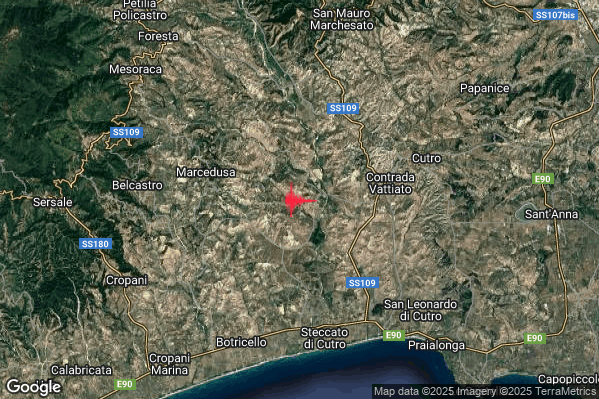 Leggero Terremoto M2.9 epicentro 6 km E Marcedusa (CZ) alle 11:42:48 (10:42:48 UTC)