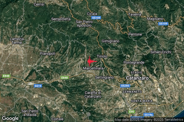 Terremoto 19:39:19 M2.4 epicentro “1 km NW Marcellinara (CZ)” Terremoto 19:39:19 M2.4 epicentro “1 km NW Marcellinara (CZ)”