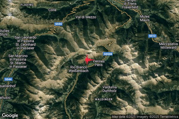 Terremoto 06:30:11 M2.4 epicentro “11 km S Racines (BZ)” Terremoto 06:30:11 M2.4 epicentro “11 km S Racines (BZ)”