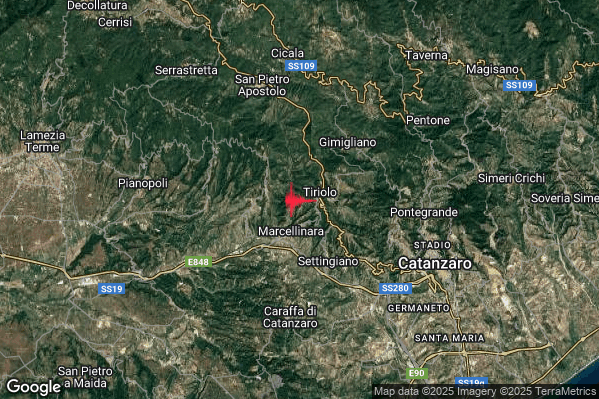 Terremoto 15:38:30 M2.6 epicentro “1 km W Tiriolo (CZ)” Terremoto 15:38:30 M2.6 epicentro “1 km W Tiriolo (CZ)”