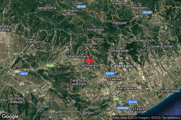Terremoto 11:42:16 M2.0 epicentro “1 km NE Settingiano (CZ)” Terremoto 11:42:16 M2.0 epicentro “1 km NE Settingiano (CZ)”
