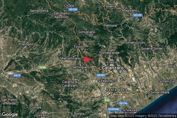 Terremoto 20:47:59 M2.7 epicentro “2 km NE Settingiano (CZ)” Terremoto 20:47:59 M2.7 epicentro “2 km NE Settingiano (CZ)”