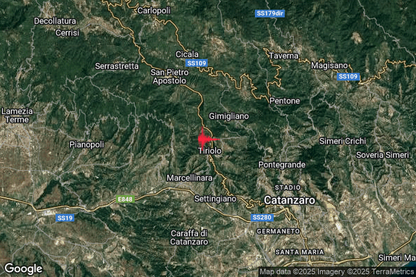 Terremoto 12:34:23 M2.6 epicentro “1 km N Tiriolo (CZ)” Terremoto 12:34:23 M2.6 epicentro “1 km N Tiriolo (CZ)”