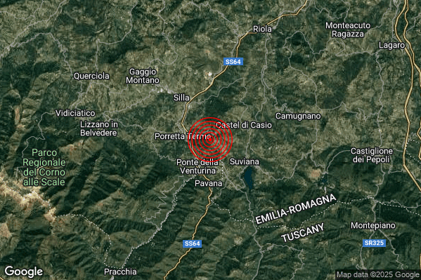 Terremoto 05:08:24 M3.8 epicentro “2 km E Alto Reno Terme (BO)” Terremoto 05:08:24 M3.8 epicentro “2 km E Alto Reno Terme (BO)”