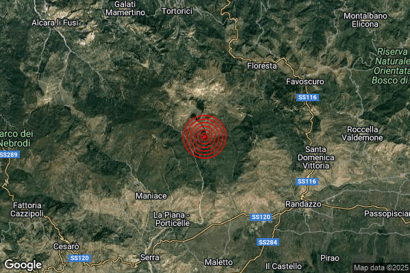 Terremoto 23:33:53 M2.1 epicentro “8 km SW Floresta (ME)” Terremoto 23:33:53 M2.1 epicentro “8 km SW Floresta (ME)”