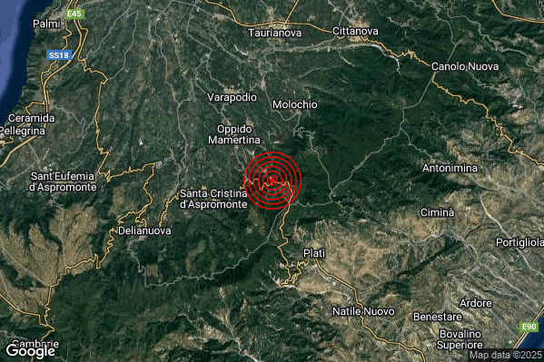 Lieve Terremoto M2.1 epicentro 4 km E Santa Cristina d'Aspromonte (RC) alle 05:35:00 (03:35:00 UTC)
