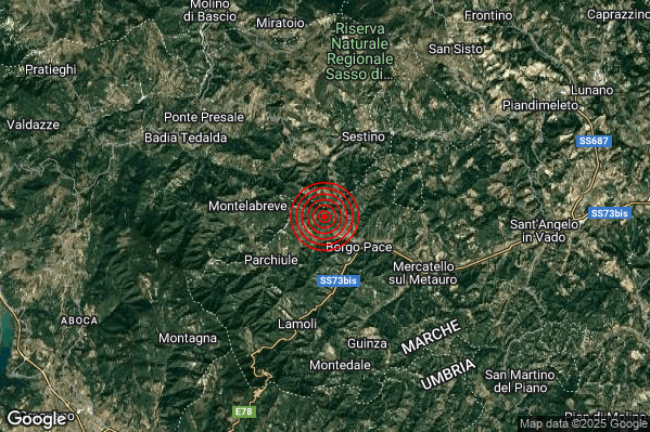 Terremoto 13:14:58 M3.2 epicentro “2 km NW Borgo Pace (PU)” Terremoto 13:14:58 M3.2 epicentro “2 km NW Borgo Pace (PU)”
