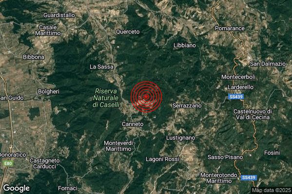 Terremoto 06:45:20 M2.0 epicentro “6 km NE Monteverdi Marittimo (PI)” Terremoto 06:45:20 M2.0 epicentro “6 km NE Monteverdi Marittimo (PI)”