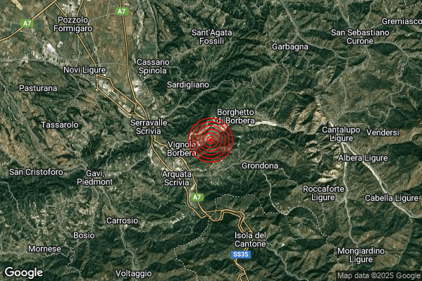 Terremoto 13:10:19 M2.4 epicentro “2 km E Vignole Borbera (AL)” Terremoto 13:10:19 M2.4 epicentro “2 km E Vignole Borbera (AL)”