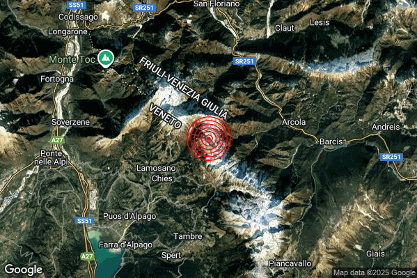 Debole Terremoto M2.5 epicentro 4 km E Chies d'Alpago (BL) alle 15:54:56 (13:54:56 UTC)