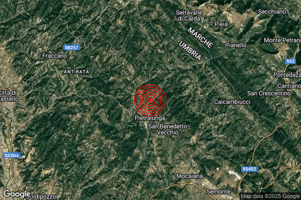 Terremoto 16:43:43 M2.3 epicentro “2 km N Pietralunga (PG)” Terremoto 16:43:43 M2.3 epicentro “2 km N Pietralunga (PG)”