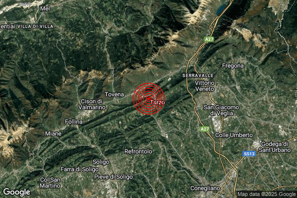 Terremoto 05:27:03 M2.2 epicentro “1 km W Tarzo (TV)” Terremoto 05:27:03 M2.2 epicentro “1 km W Tarzo (TV)”