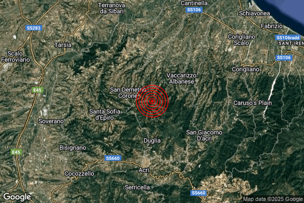 Terremoto 10:32:56 M2.6 epicentro “3 km E San Demetrio Corone (CS)” Terremoto 10:32:56 M2.6 epicentro “3 km E San Demetrio Corone (CS)”