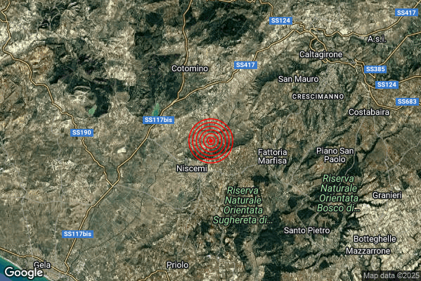 Terremoto 14:02:39 M2.1 epicentro “3 km NE Niscemi (CL)” Terremoto 14:02:39 M2.1 epicentro “3 km NE Niscemi (CL)”