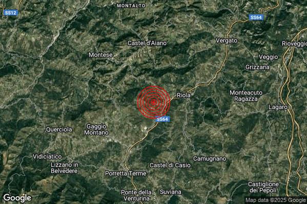 Lieve Terremoto M2.0 epicentro 6 km S Castel d'Aiano (BO) alle 23:58:42 (21:58:42 UTC)
