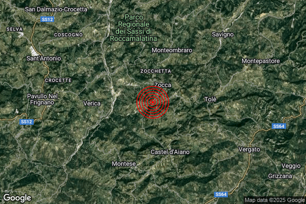 Terremoto 09:14:35 M2.1 epicentro “2 km SW Zocca (MO)” Terremoto 09:14:35 M2.1 epicentro “2 km SW Zocca (MO)”